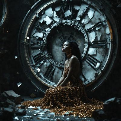 The primary subject of the image is a woman sitting in front of a large clock. The setting is a room with a clock on the wall, and the visual style appears to be a photo. The woman is wearing a gold dress, and the overall atmosphere is dark and mysterious.